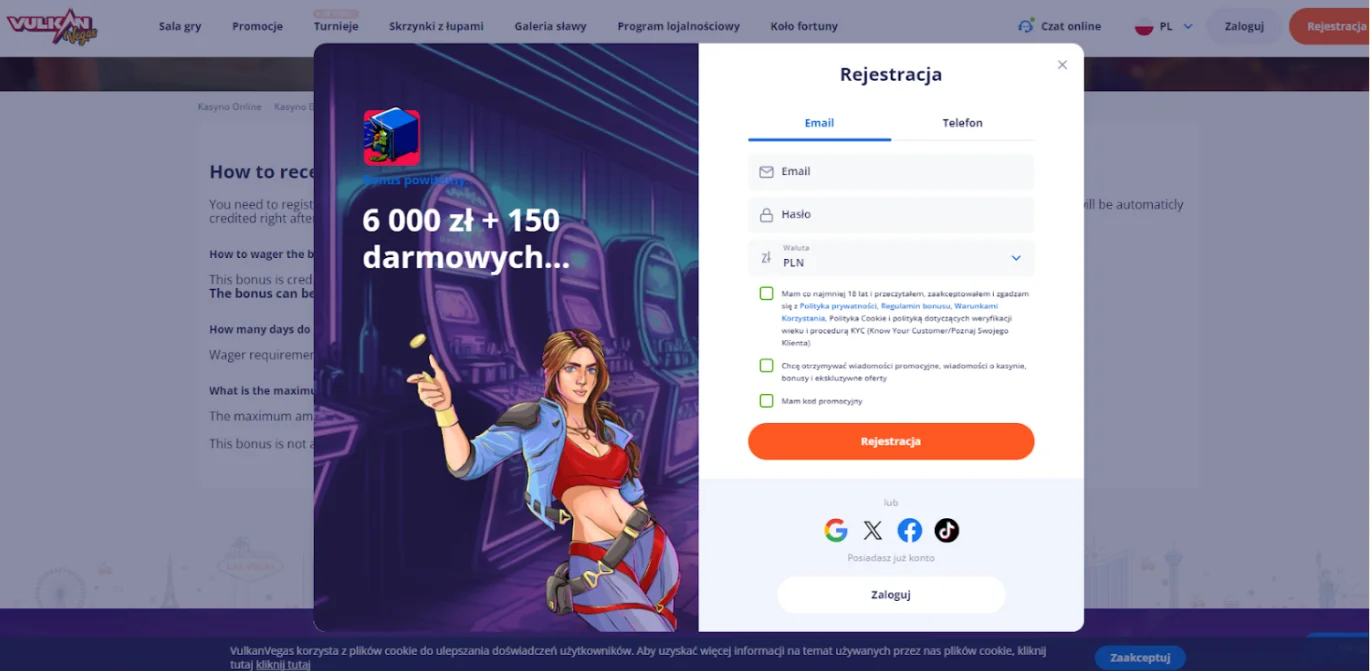 Vulkan Vegas bonus za samą rejestrację krok 2