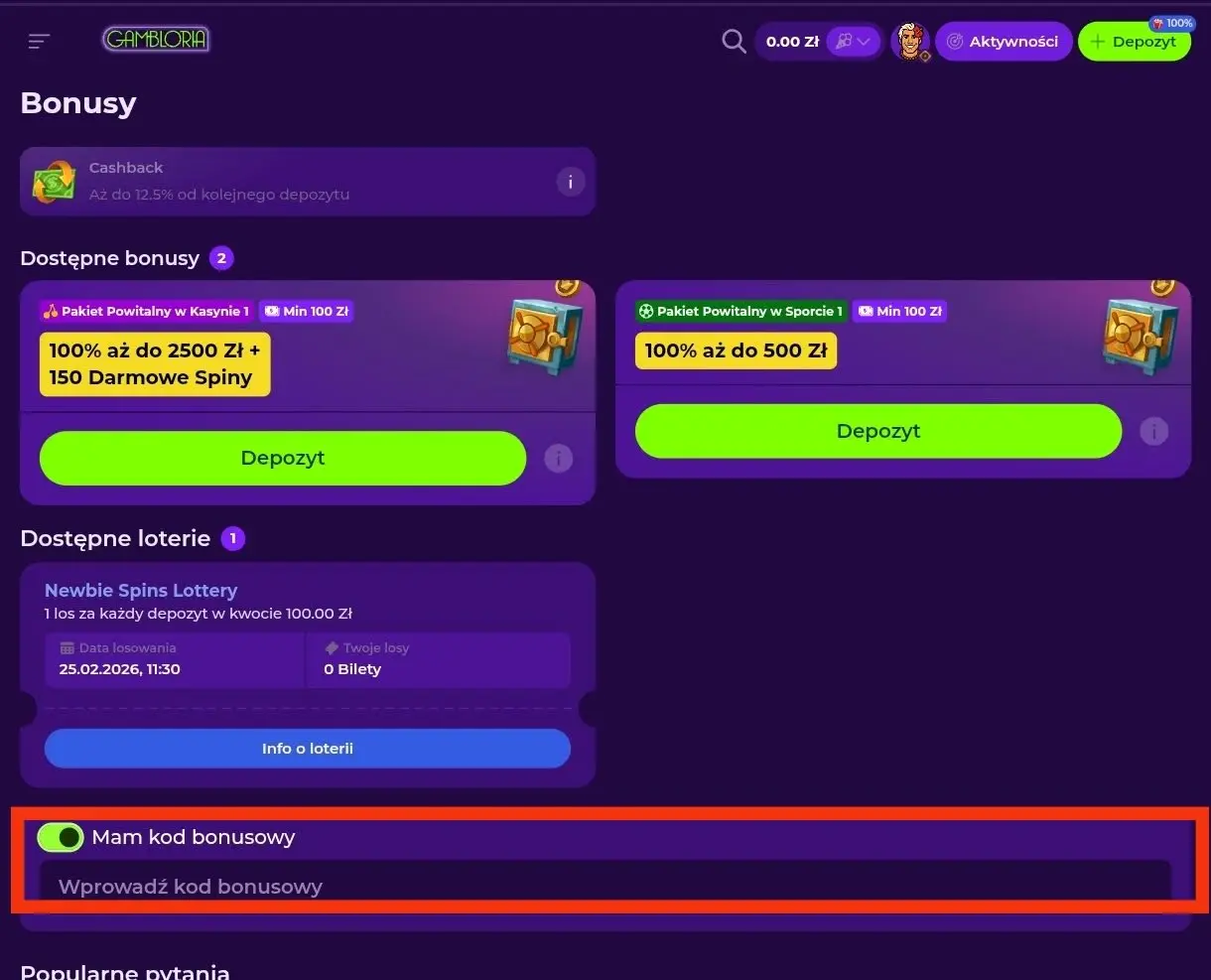 gambloria casino kod promocyjny