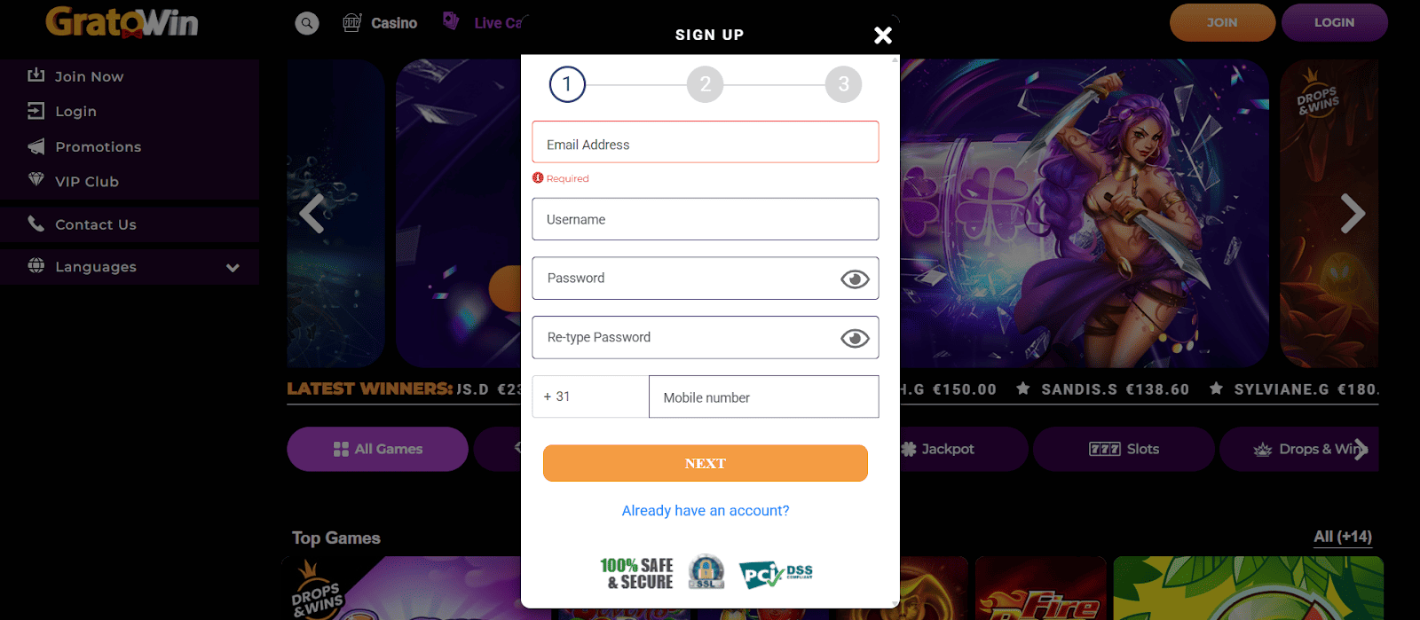 gratowin casino rejestracja krok 1
