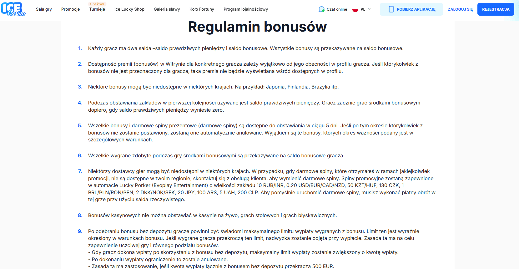 regulamin bonusow ice casino