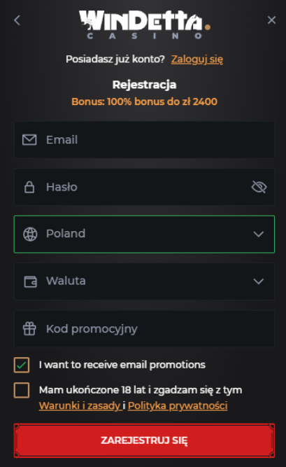 Windetta kasyno online rejestracja krok 2