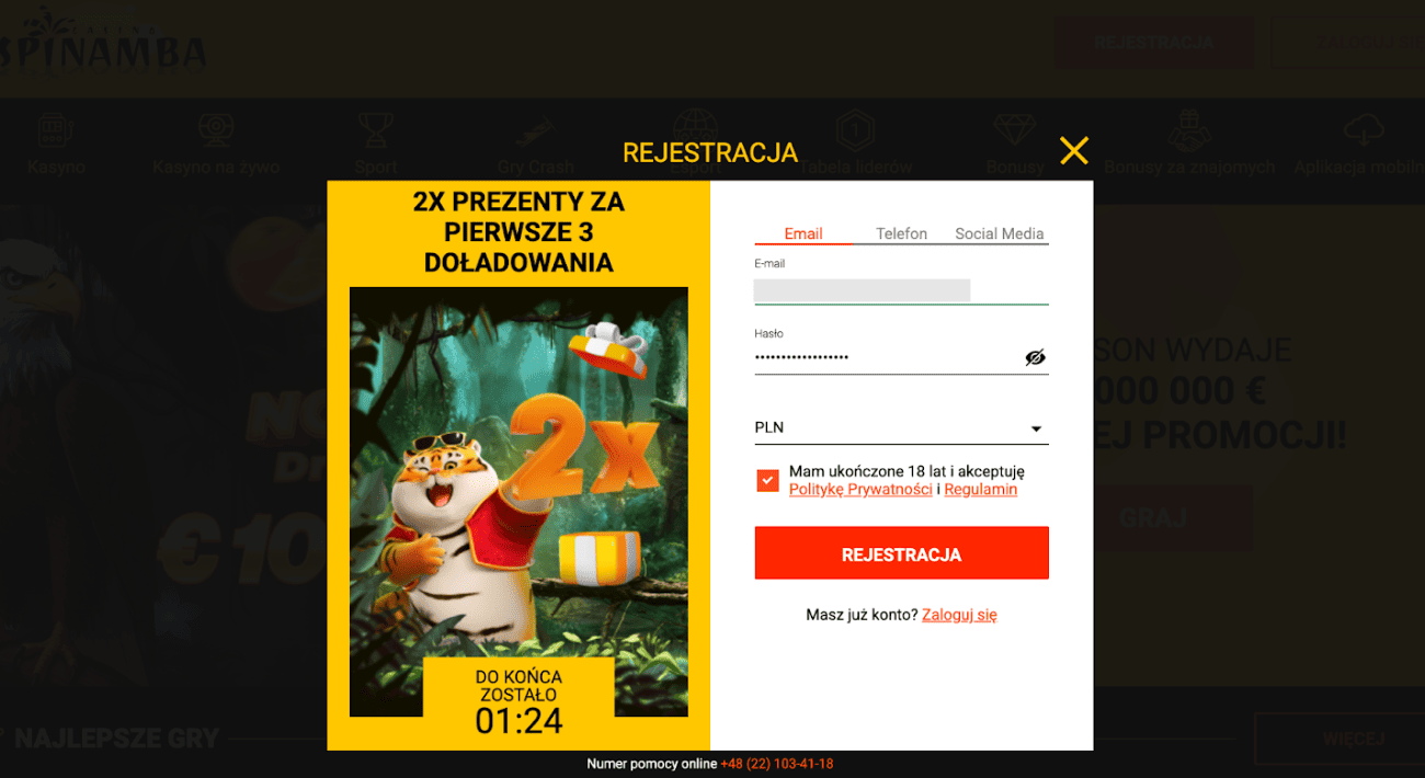 rejestracja w kasynie spinamba krok 3