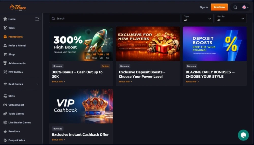 sekcja promocji w blaze spins casino