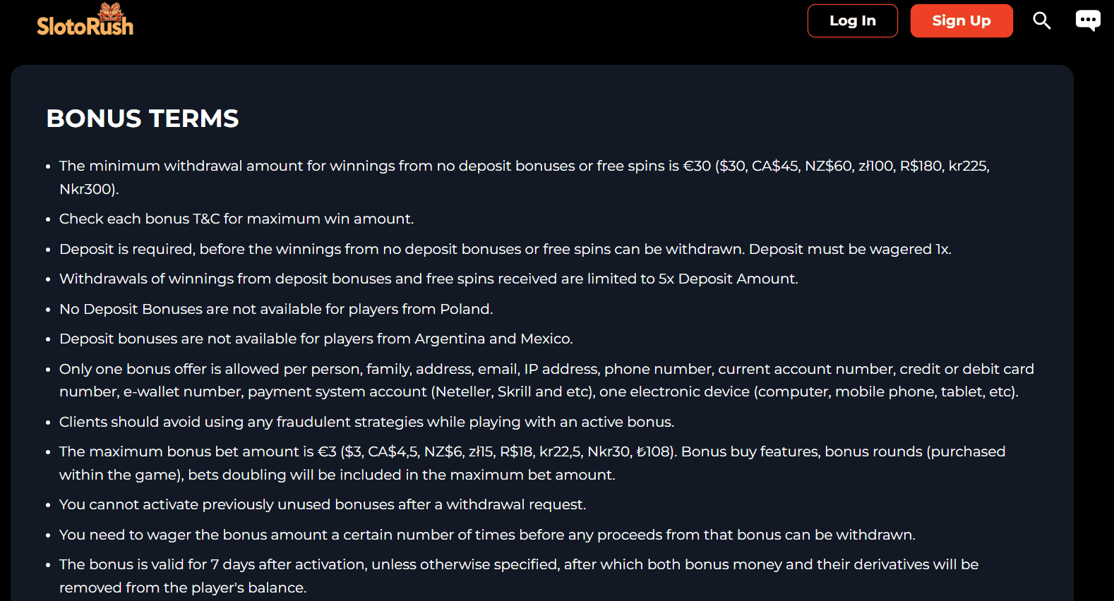 slotorush bonus terms