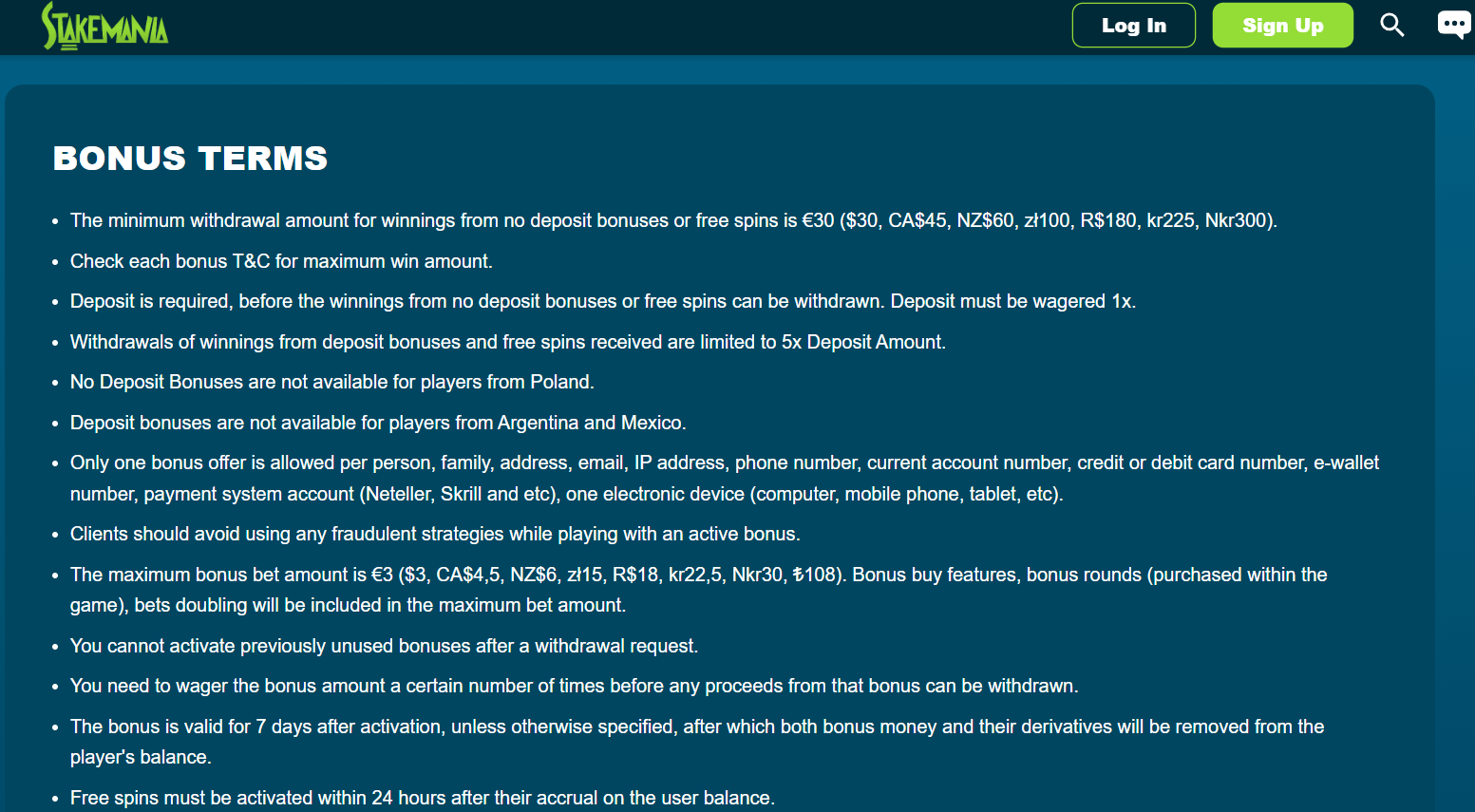 stakemania bonus terms