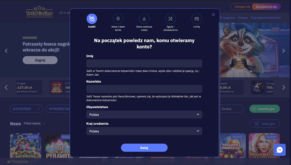total casino wypelnienie danych osobowych